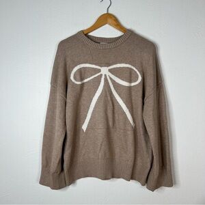 Cotton:On Knit Sweater Taupe White Bow Graphic Pullover Cozy Soft Size M Medium